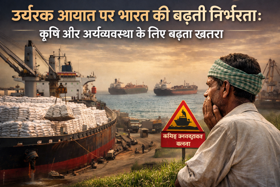 भारतीय बंदरगाह पर उर्वरक से भरे जहाज, जो भारत की बढ़ती उर्वरक आयात निर्भरता को दर्शाते हैं