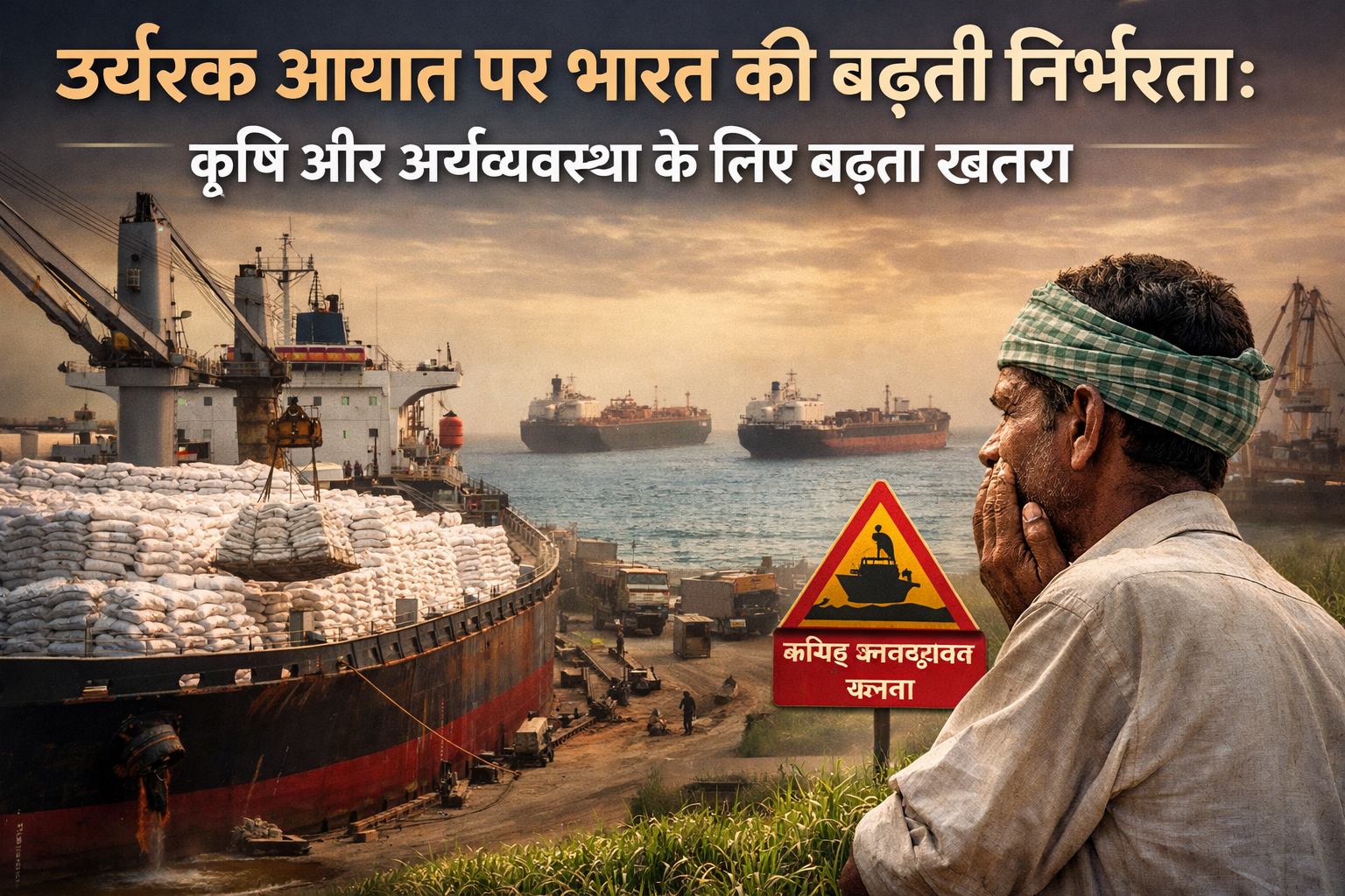 भारतीय बंदरगाह पर उर्वरक से भरे जहाज, जो भारत की बढ़ती उर्वरक आयात निर्भरता को दर्शाते हैं