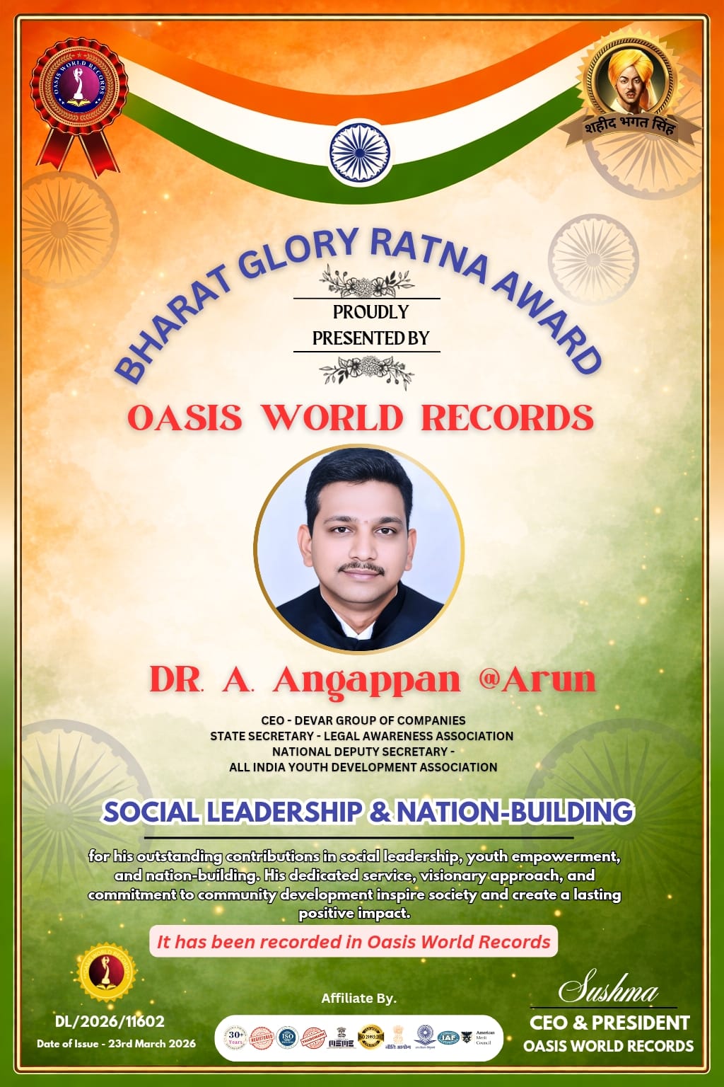 Bharat glory ratna award presented to DR. A. Angappan @arun by oasis world records
