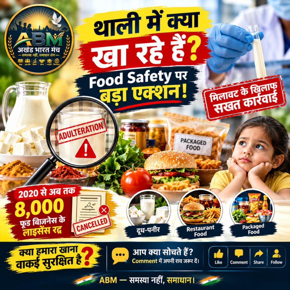 भारत में Food Safety और Food Adulteration के खिलाफ कार्रवाई को दर्शाती ABM news graphic
